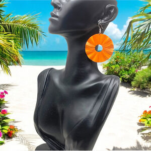 Vtg Y2K Tropical Orange Straw Wrapped Dangle Oversize Circle Pierced Earrings